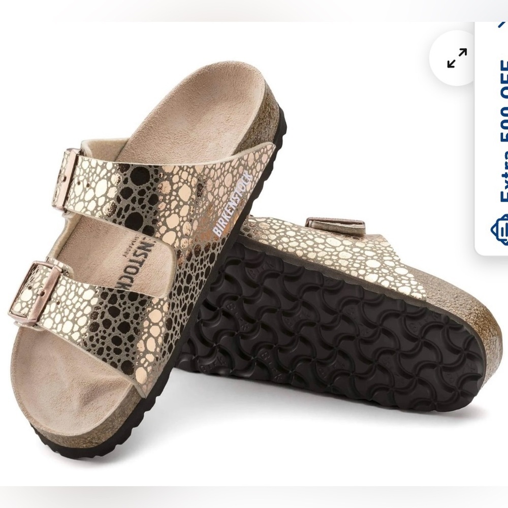 Birkenstock Arizona Sz 5(36) RoseGold Metallic Stone Two-Strap Buckle Sandals